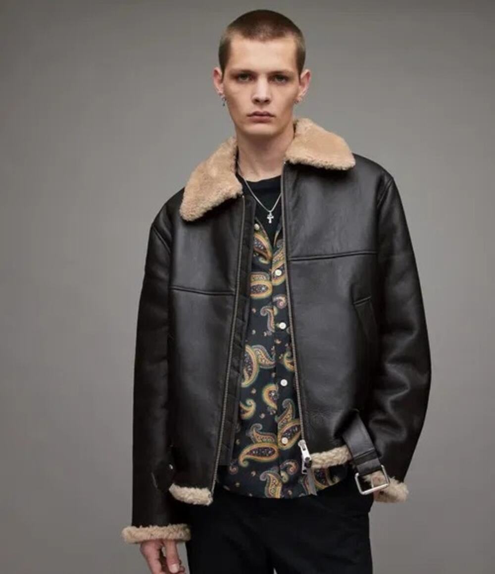 Allsaints Hamel Leather Shearling Full Zip Biker Jacket Grunge Edgy Black Large
